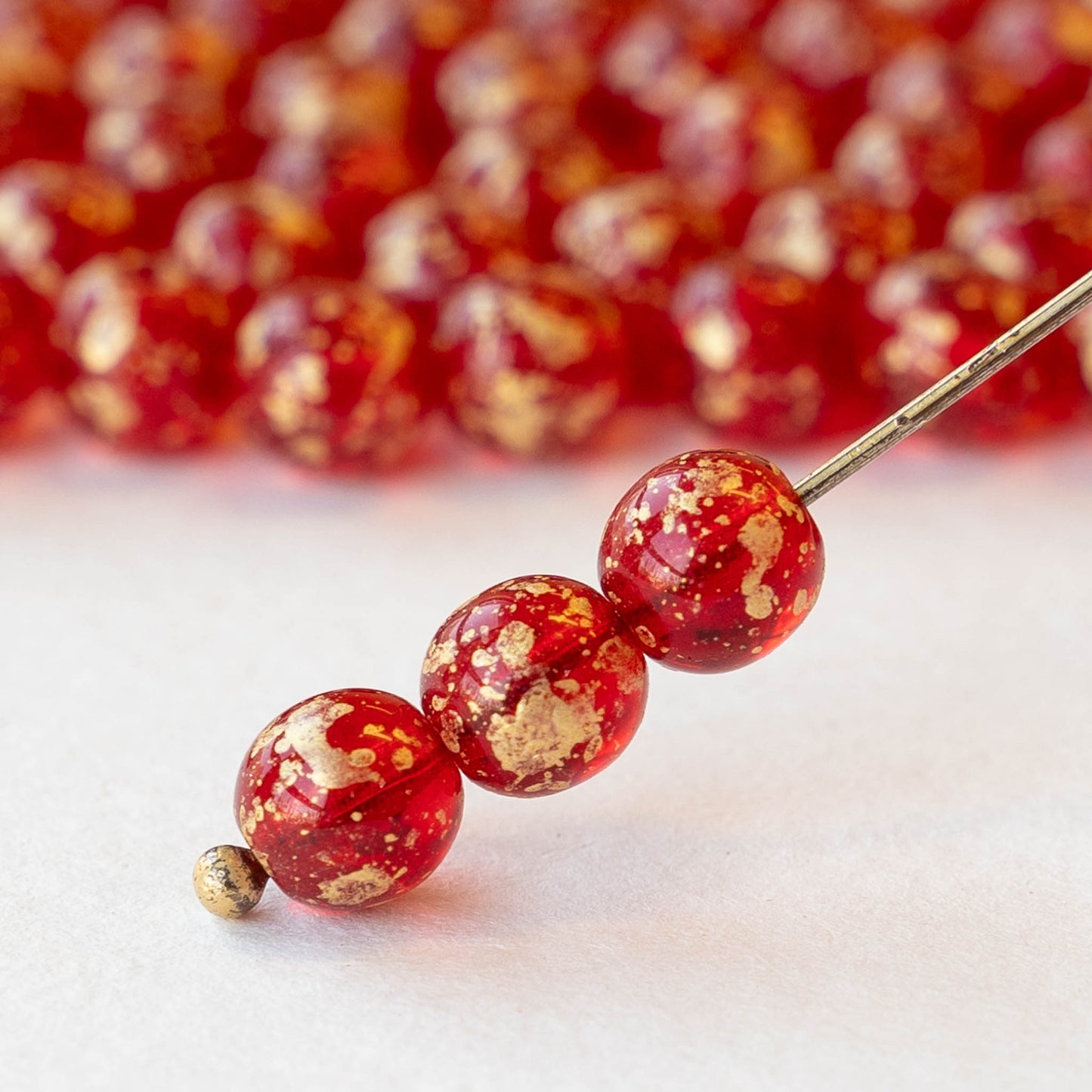 6mm Round Glass Beads - Transparent Red with Gold Dust - 50 beads