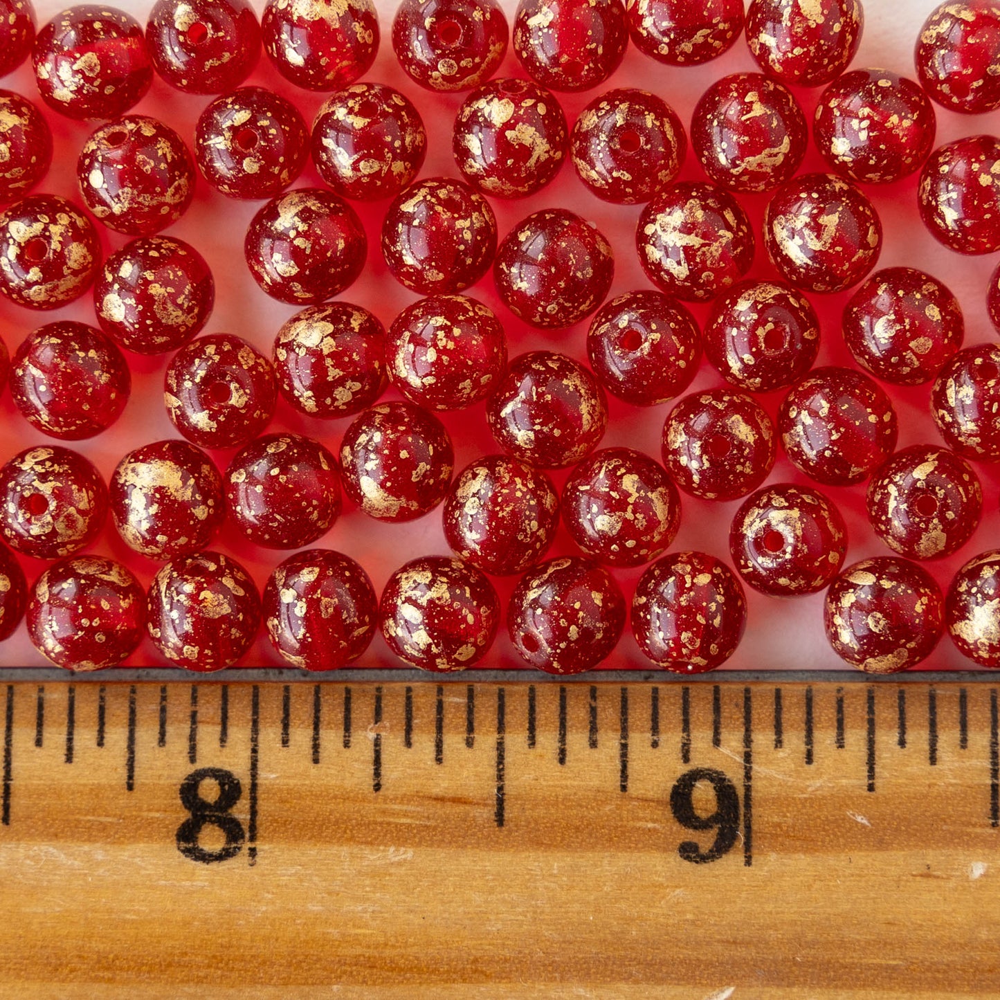 6mm Round Glass Beads - Transparent Red with Gold Dust - 50 beads