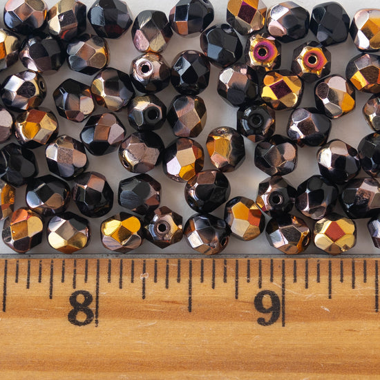 6mm Faceted Round Beads - Opaque Black with Metallic Tones - 50 beads