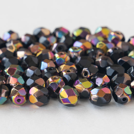 6mm Faceted Round Beads - Opaque Black with AB - 50 beads