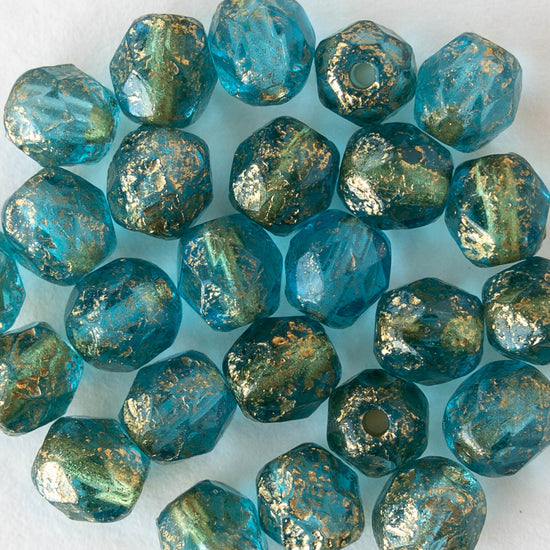 6mm Round Firepolished Beads - Transparent Blue with Gold Dust - 25 Beads