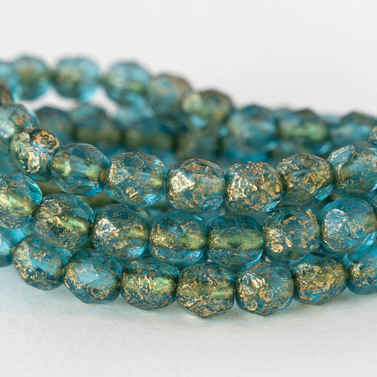 6mm Round Firepolished Beads - Transparent Blue with Gold Dust - 25 Beads