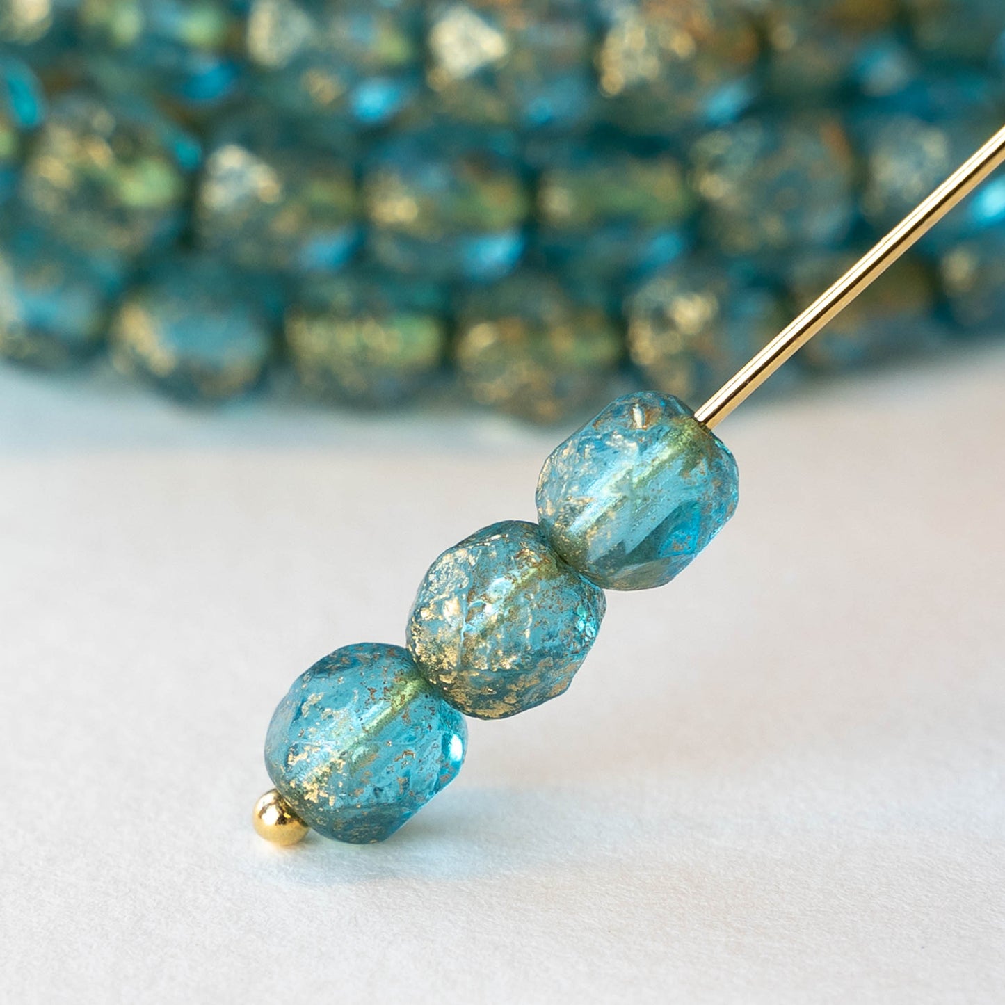 6mm Round Firepolished Beads - Transparent Blue with Gold Dust - 25 Beads