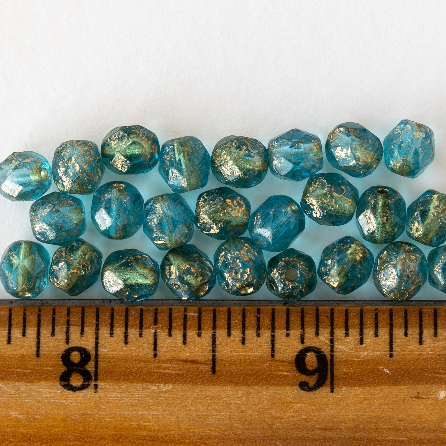 6mm Round Firepolished Beads - Transparent Blue with Gold Dust - 25 Beads