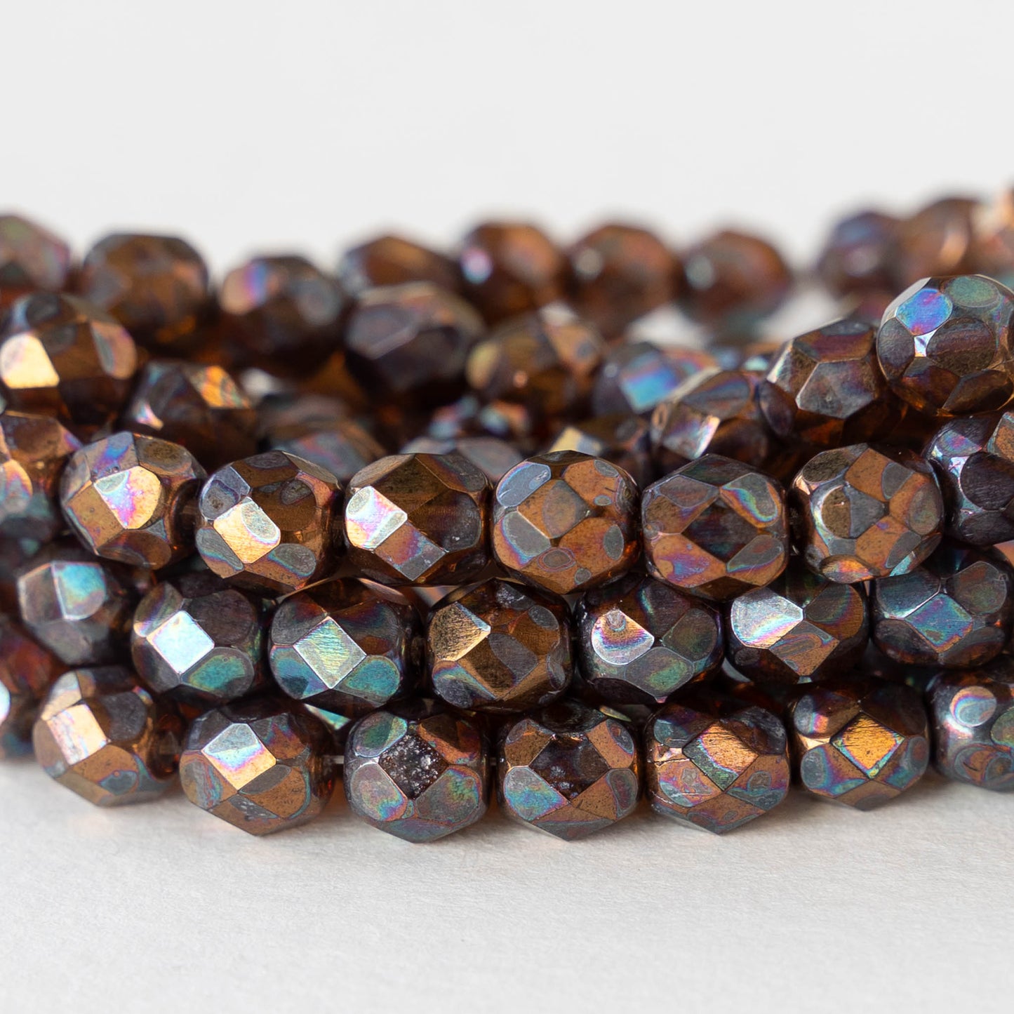 6mm Round Firepolished Glass Beads - Bronze Oil Slick - 25 Beads