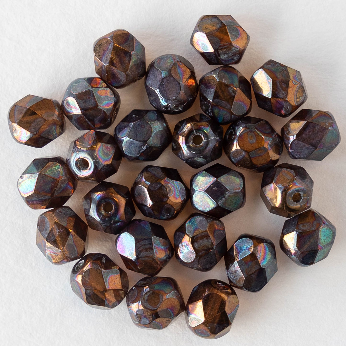 6mm Round Firepolished Glass Beads - Bronze Oil Slick - 25 Beads