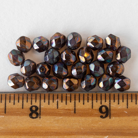 6mm Round Firepolished Glass Beads - Bronze Oil Slick - 25 Beads