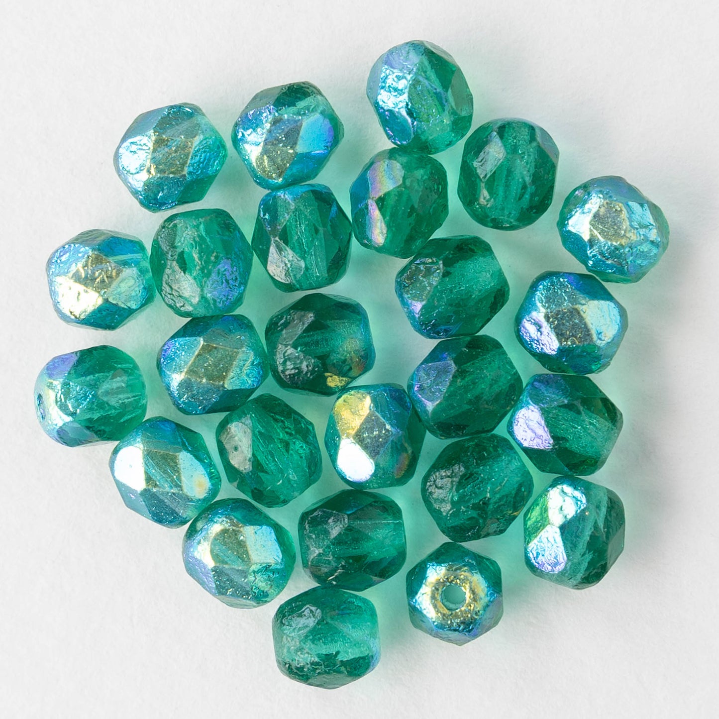 6mm Round Firepolished Beads - Etched Emerald AB - 25 beads