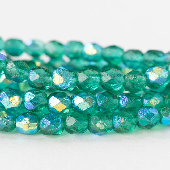6mm Round Firepolished Beads - Etched Emerald AB - 25 beads