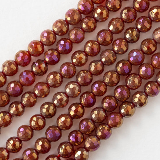 6mm Round Faceted Plated Carnelian Beads - Whole or Half Strand