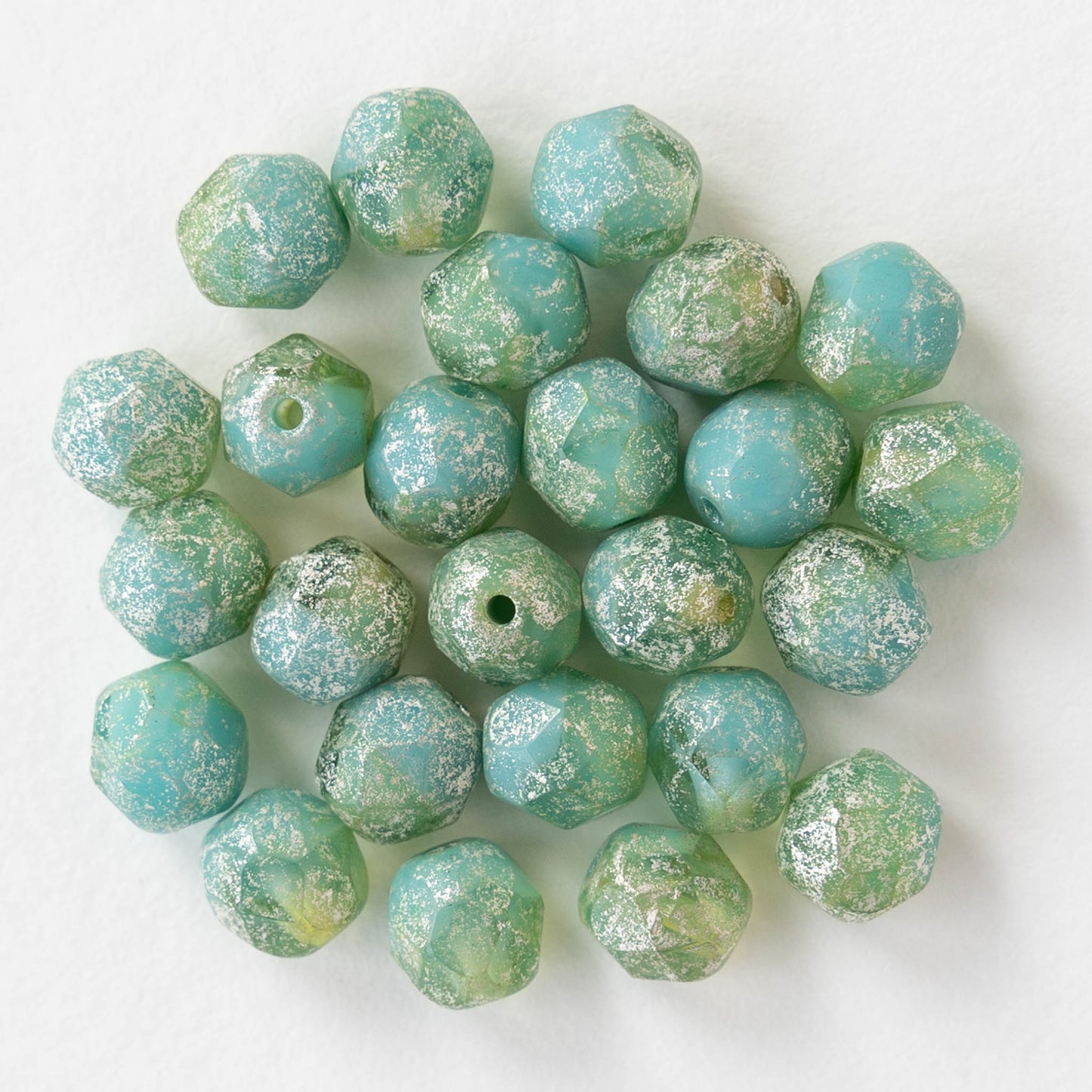 6mm Round Firepolished Beads - Opaque Seafoam Turquoise with Silver Dust - 25 Beads