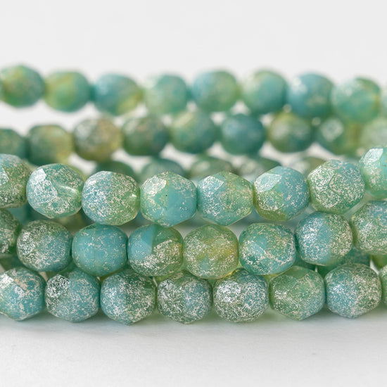 6mm Round Firepolished Beads - Opaque Seafoam Turquoise with Silver Dust - 25 Beads
