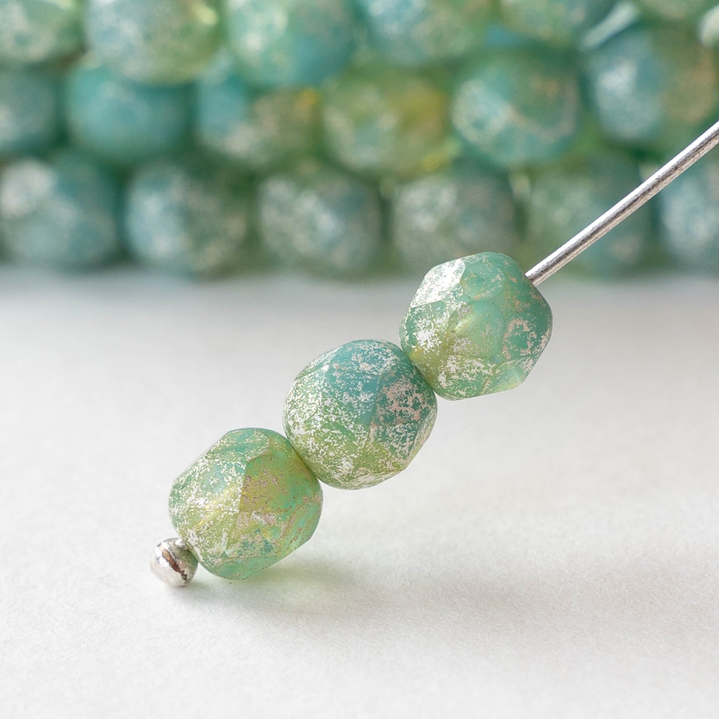 6mm Round Firepolished Beads - Opaque Seafoam Turquoise with Silver Dust - 25 Beads