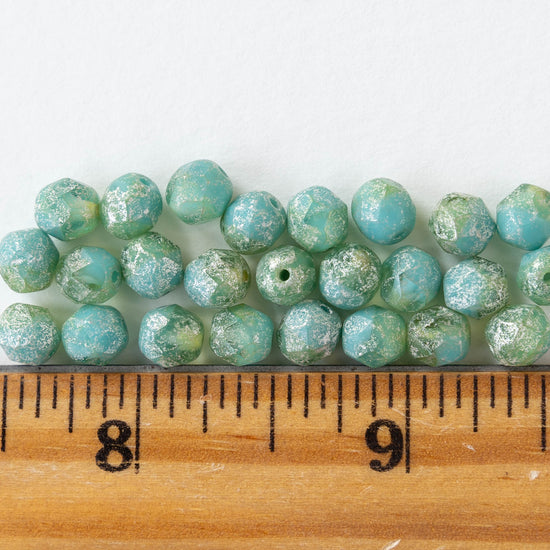 6mm Round Firepolished Beads - Opaque Seafoam Turquoise with Silver Dust - 25 Beads