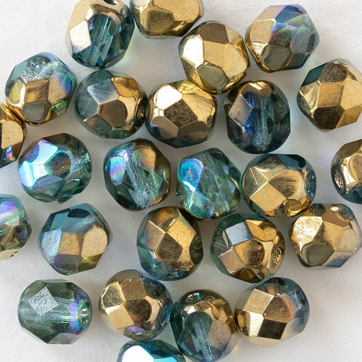 6mm Round Firepolished Beads - Transparent Lt. Aqua Gold AB - 25 Beads