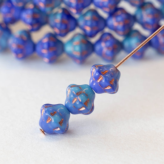 6mm Glass Saturn Beads - Opaque Aqua Periwinkle with Copper - 25 Beads