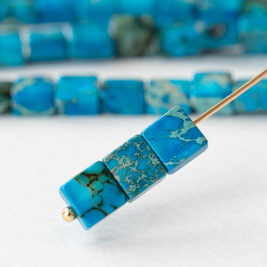 6mm Impression Jasper Square Tile Beads - Blue - 20 Beads