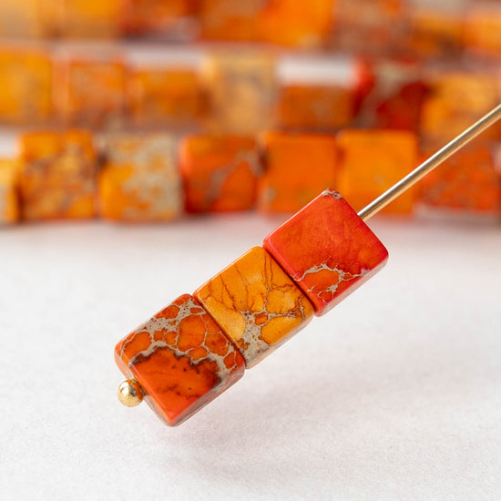 6mm Impression Jasper Square Tile Beads - Orange - 20 Beads