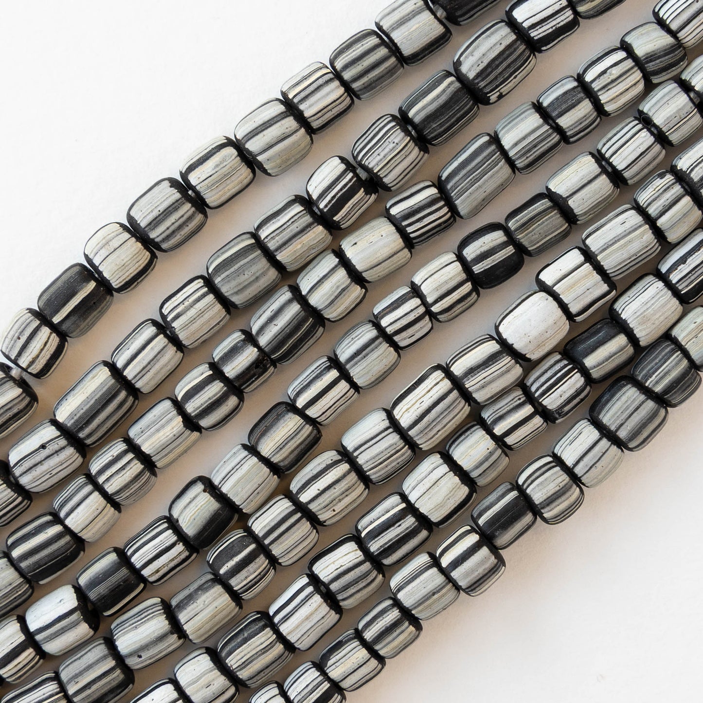 Glass Java Beads - Black with White Stripes - Whole or Half Strand