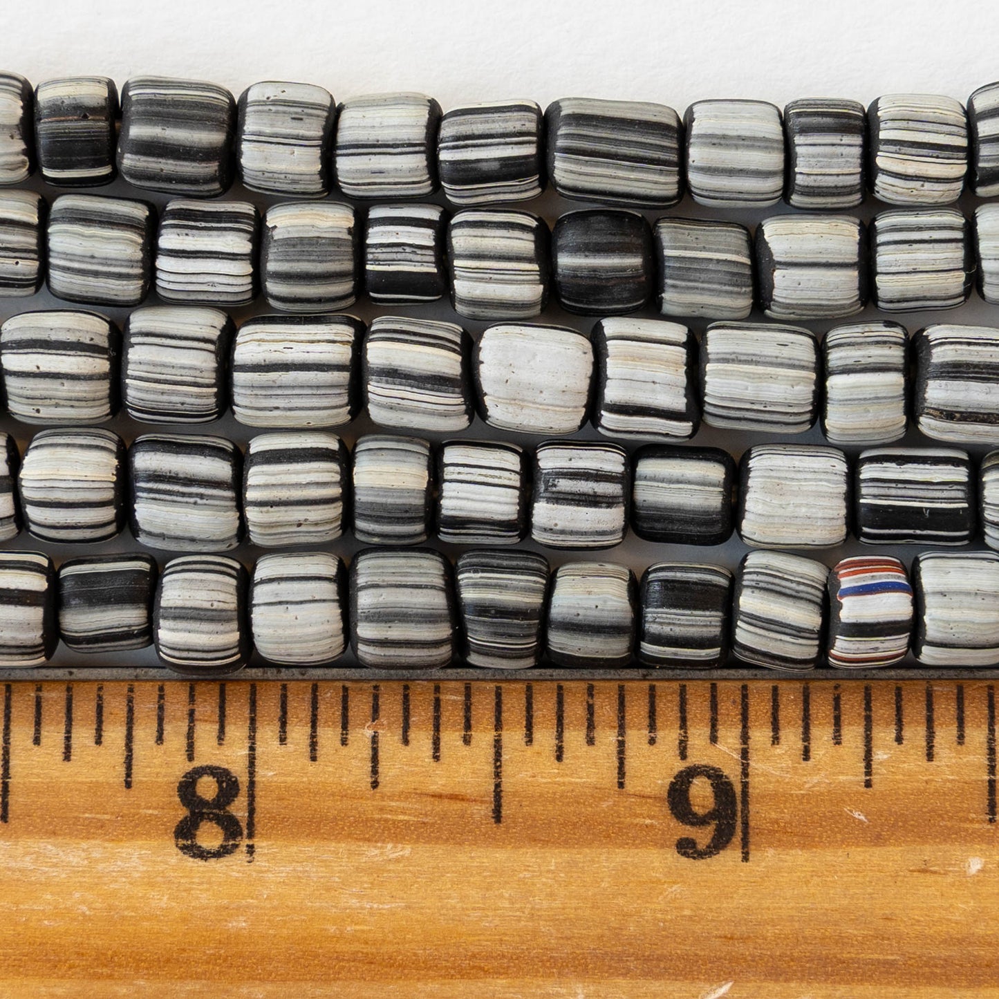 Glass Java Beads - Black with White Stripes - Whole or Half Strand