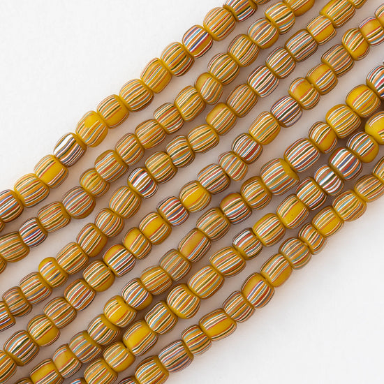 Glass Java Beads - Opaque Yellow with Colorful Stripes - Whole or Half Strand