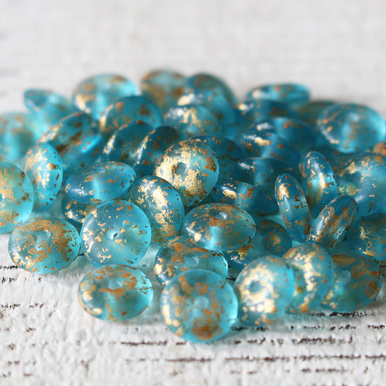 6mm Rondelle Beads - Light Aqua with Gold Dust - 50 Beads