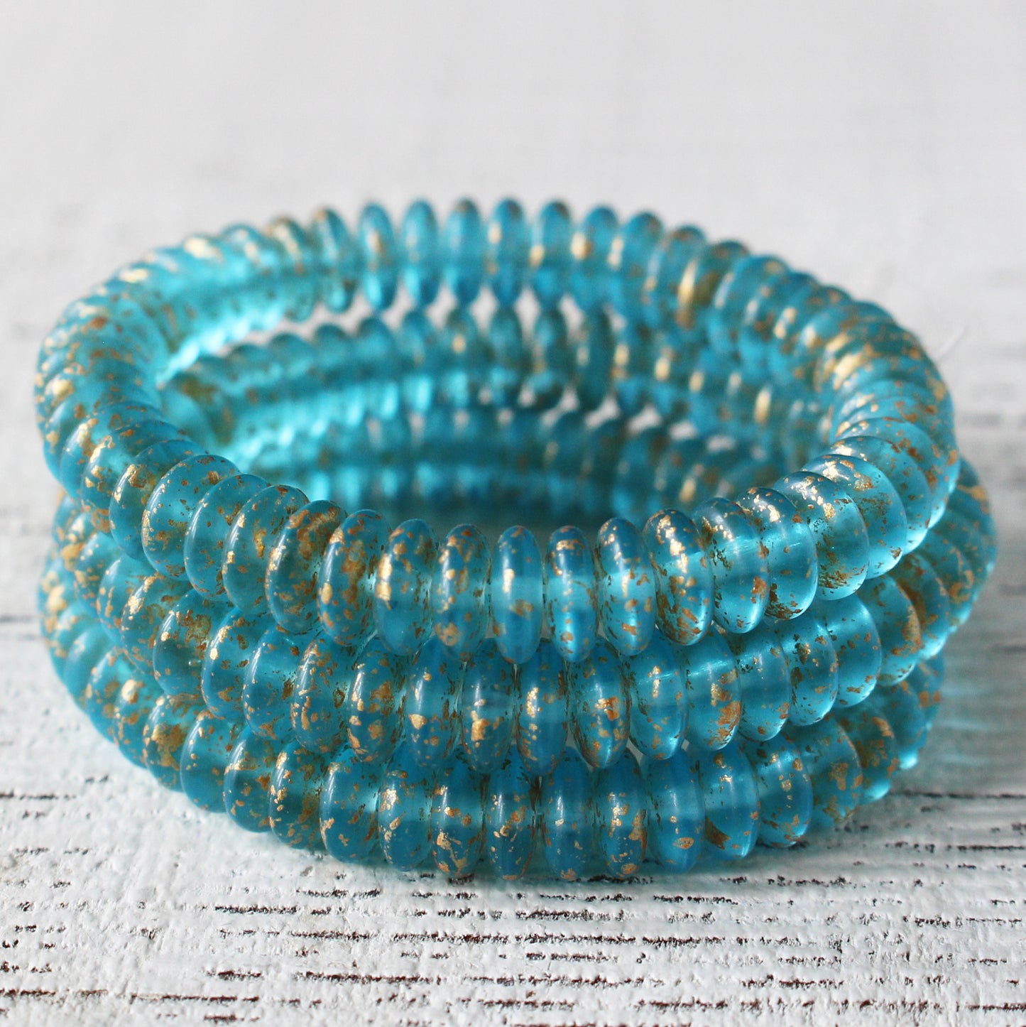 6mm Rondelle Beads - Light Aqua with Gold Dust - 50 Beads