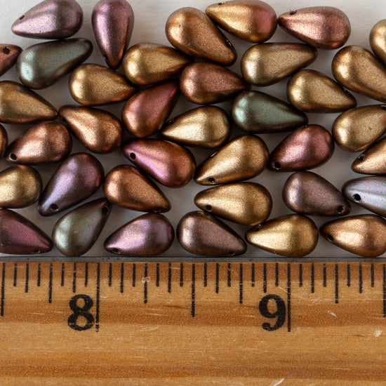 6x11mm Glass Teardrop Beads - Gold Iris Matte - 25 Beads