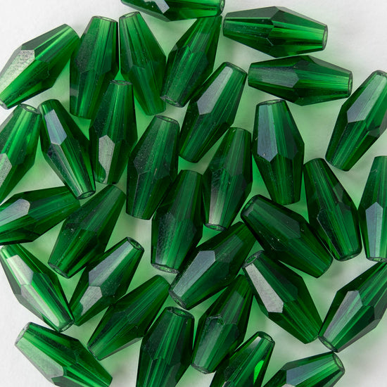 6x12mm Hand Cut Glass Long Bi-Cone Beads - Transparent Green - 33 Beads