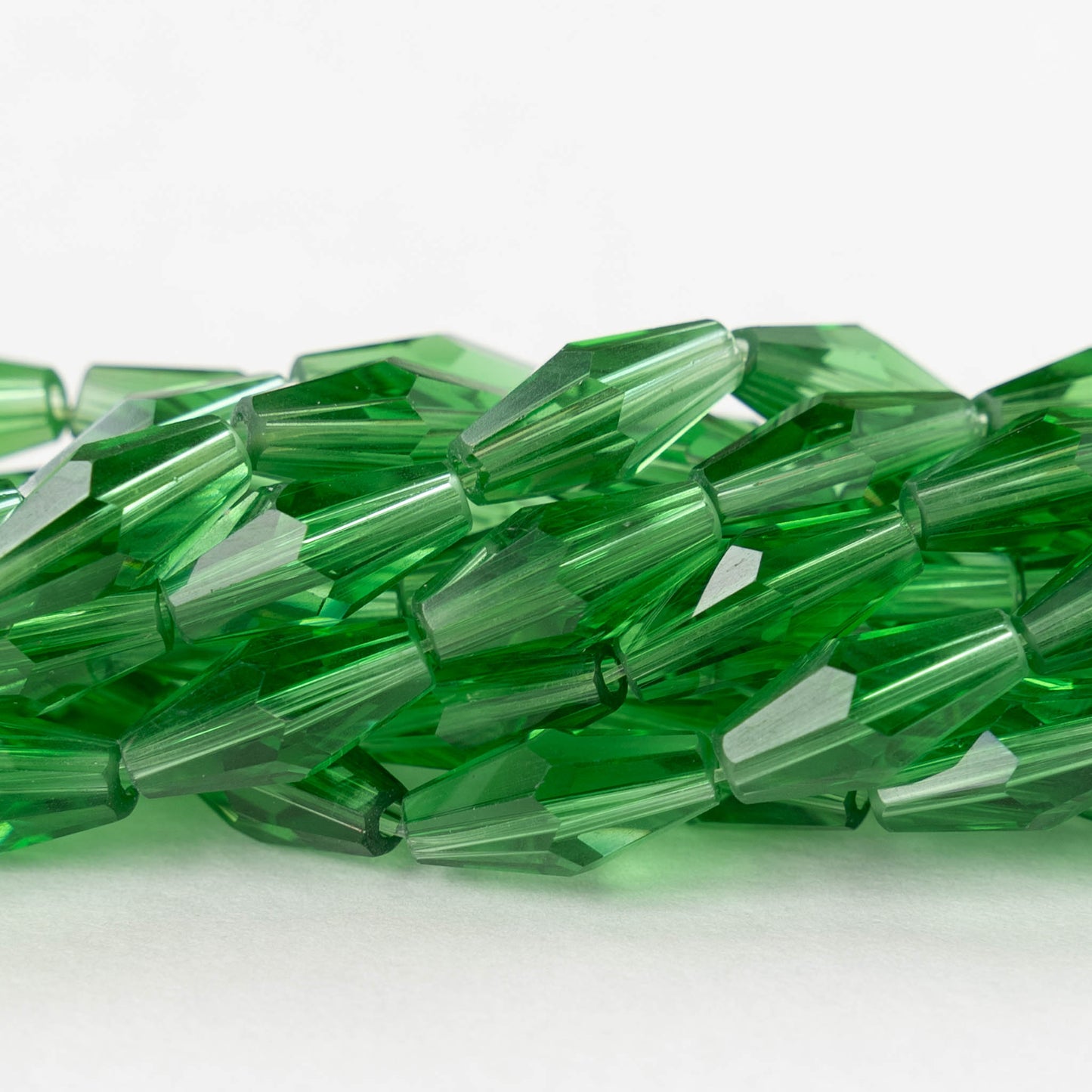 6x12mm Hand Cut Glass Long Bi-Cone Beads - Transparent Light Green - 33 Beads