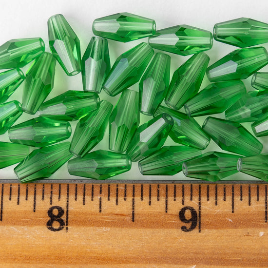 6x12mm Hand Cut Glass Long Bi-Cone Beads - Transparent Light Green - 33 Beads