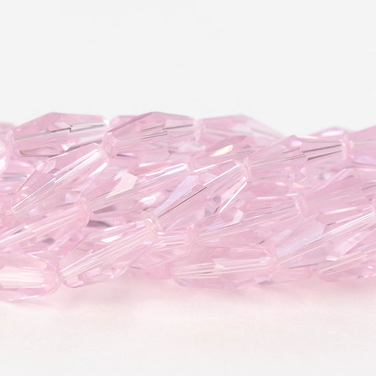 6x12mm Hand Cut Glass Long Bi-Cone Beads - Transparent Pink Rose - 31 Beads