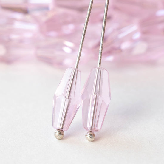 6x12mm Hand Cut Glass Long Bi-Cone Beads - Transparent Pink Rose - 31 Beads