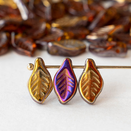 12mm Glass Leaf Beads - Gold Iris - 25 leaves