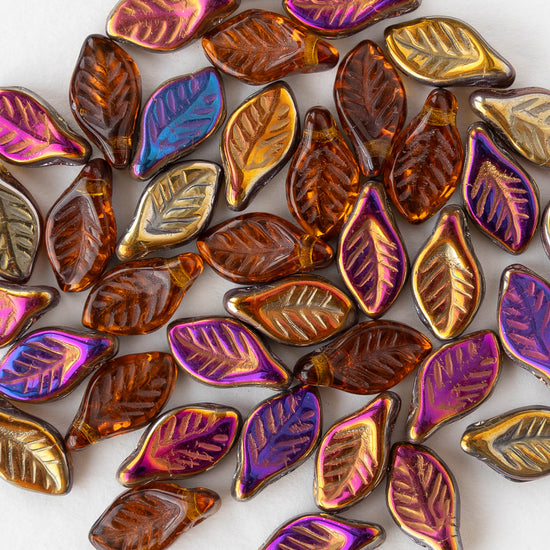 12mm Glass Leaf Beads - Gold Iris - 25 leaves