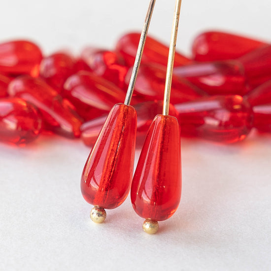 6x13mm Long Drilled Drops - Ruby Red - 20 Beads