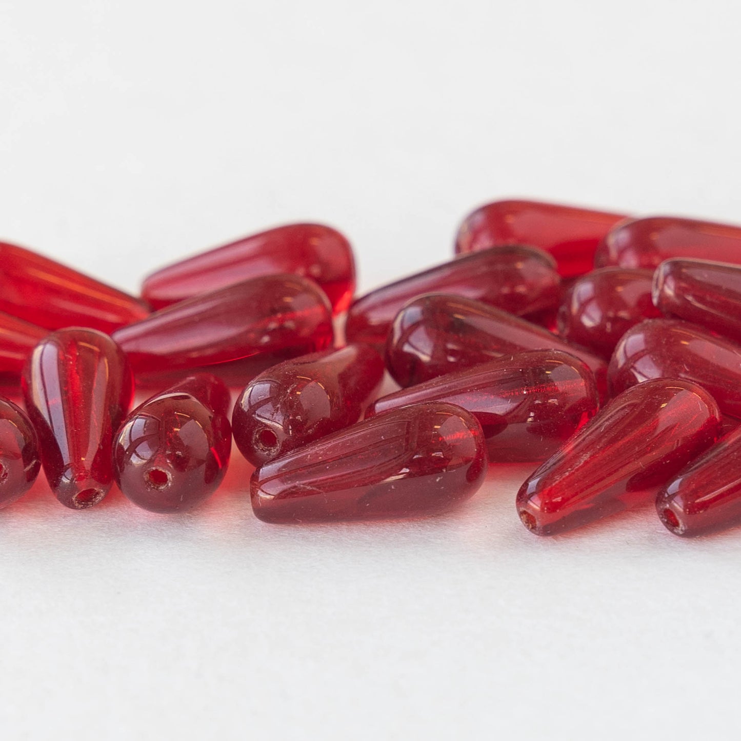 13mm Long Drilled Glass Drops - Czech Glass Beads - Ruby Red - 20 Beads