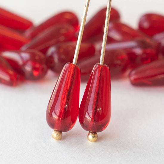 13mm Long Drilled Glass Drops - Czech Glass Beads - Ruby Red - 20 Beads