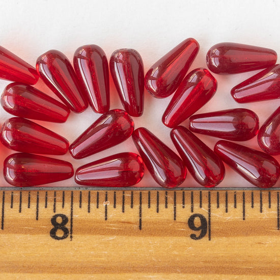 13mm Long Drilled Glass Drops - Czech Glass Beads - Ruby Red - 20 Beads