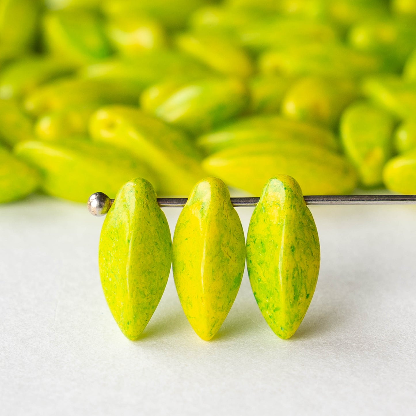 6x12mm Glass Twist Drop Beads - Yellow with Green Dust - 20 beads