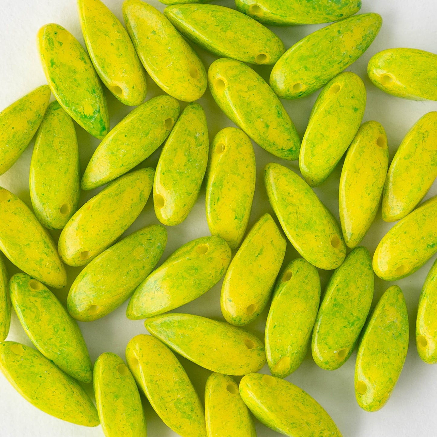 6x12mm Glass Twist Drop Beads - Yellow with Green Dust - 20 beads