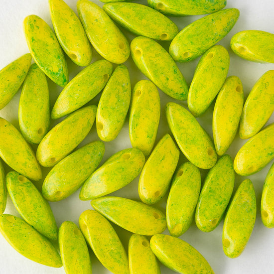 6x12mm Glass Twist Drop Beads - Yellow with Green Dust - 20 beads