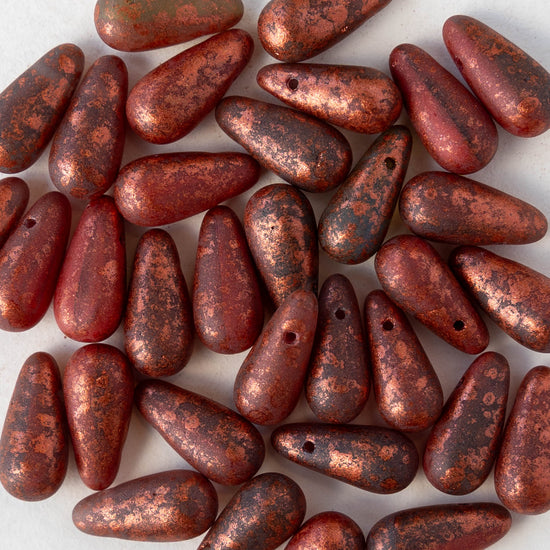 6x13mm Glass Teardrop Beads - Opaque Gray with Red Dust - 25 Beads