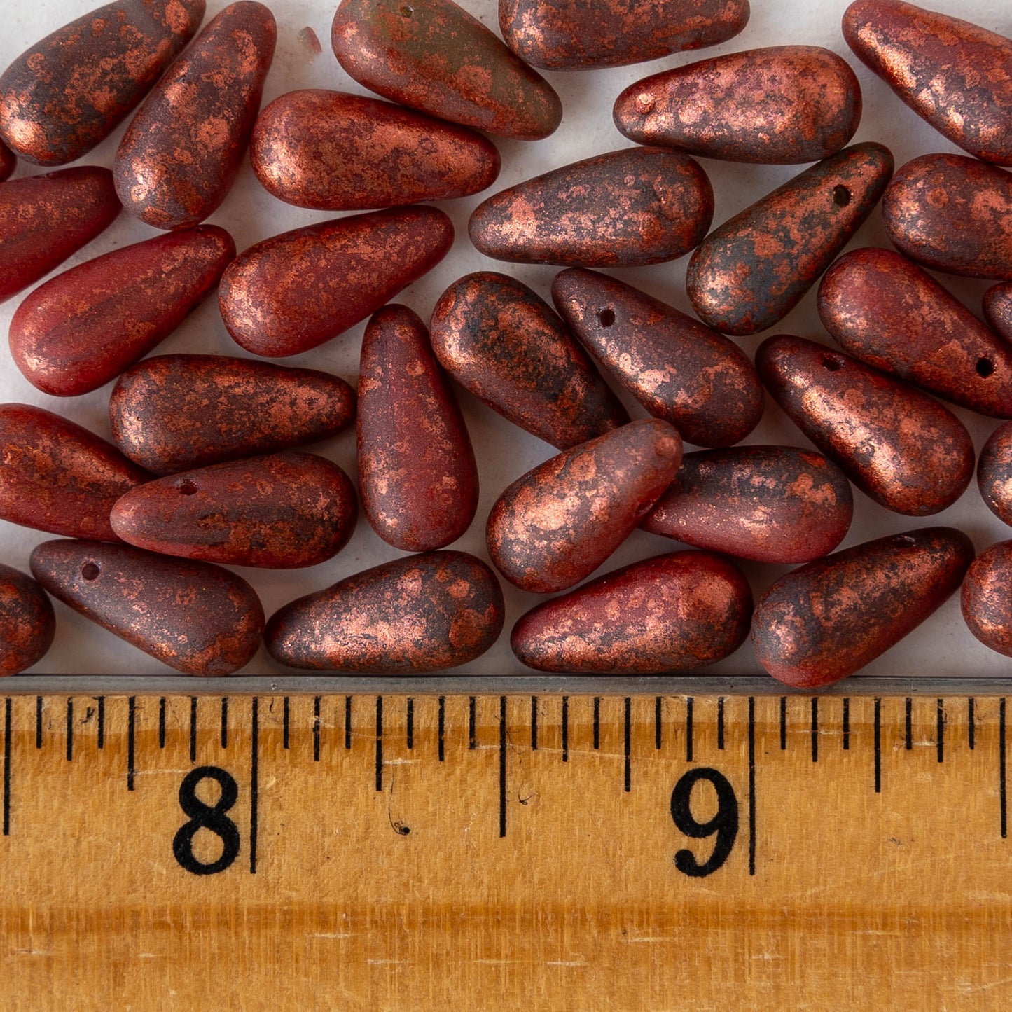 6x13mm Glass Teardrop Beads - Opaque Gray with Red Dust - 25 Beads