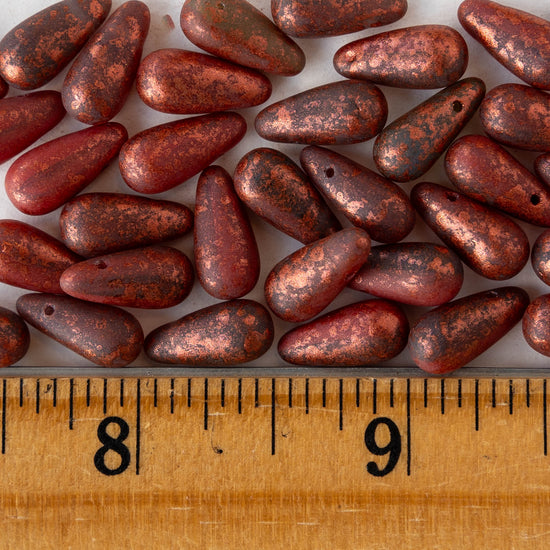6x13mm Glass Teardrop Beads - Opaque Gray with Red Dust - 25 Beads