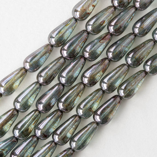 6x13mm Glass Long Drilled Teardrop - Transparent Green Luster Picasso - 20 Beads