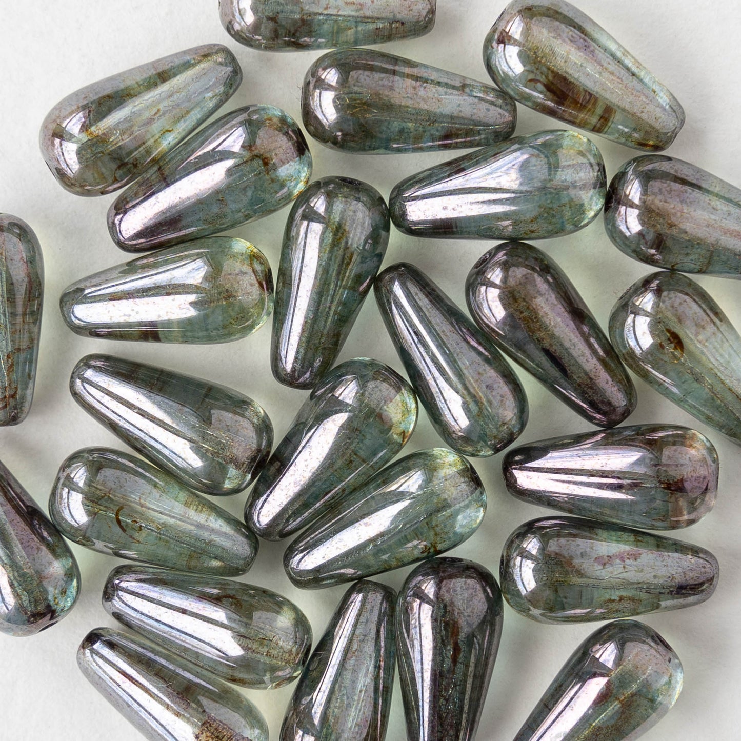 6x13mm Glass Long Drilled Teardrop - Transparent Green Luster Picasso - 20 Beads