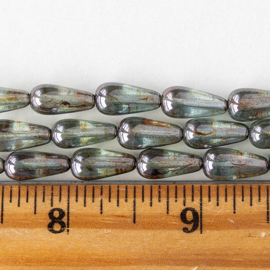 6x13mm Glass Long Drilled Teardrop - Transparent Green Luster Picasso - 20 Beads