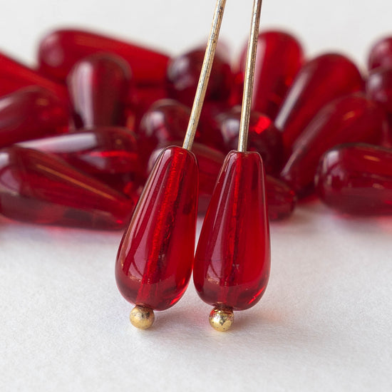 6x12mm Long Drilled Drops - Red - 20 Beads
