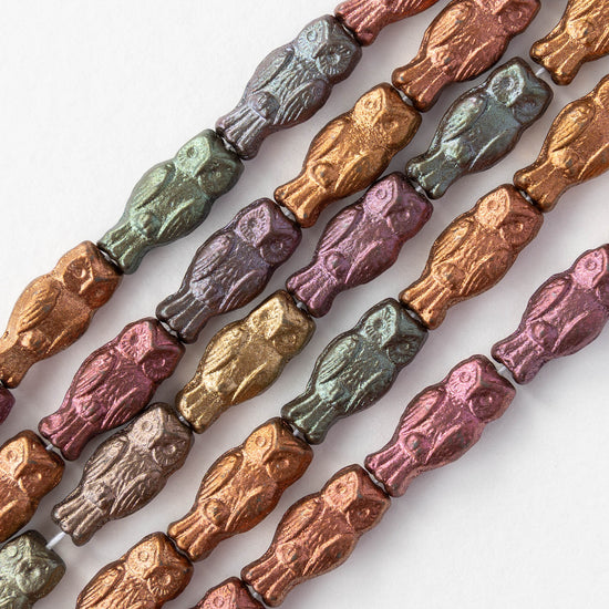 6x14mm Glass Owl Beads - Gold Iris - 10 beads